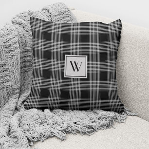 Elegant monogram zwart-wit plaid kussen