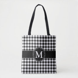 Elegant monogram zwart-wit plaid tote bag