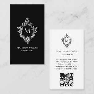 Elegant Monogram Zwart Wit QR Code  Crest Visitekaartje