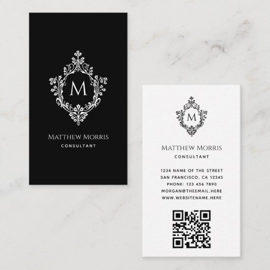 Elegant Monogram Zwart Wit QR Code  Crest Visitekaartje (Voorkant / Achterkant)