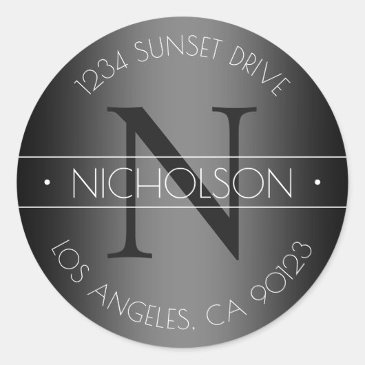 Elegant monogram zwart-wit retouradres ronde sticker (Voorkant)