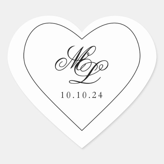 Elegant Monogram Zwart-wit Script Hart Sticker (Voorkant)