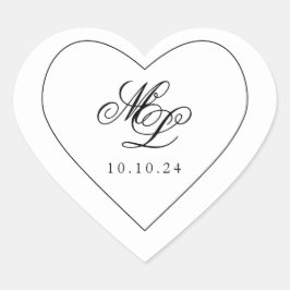 Elegant Monogram Zwart-wit Script Hart Sticker
