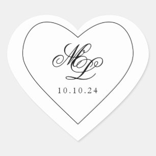 Elegant Monogram Zwart-wit Script Hart Sticker