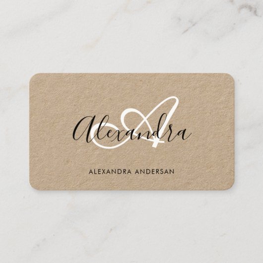 Elegant Monogram Zwart Wit Script Naam Kraft Visitekaartje (Voorkant)
