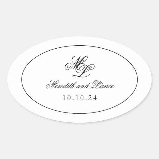 Elegant Monogram Zwart-wit Script Ovale Sticker (Voorkant)
