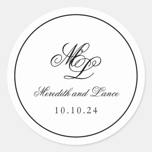 Elegant Monogram Zwart-wit Script Ronde Sticker (Voorkant)