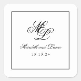 Elegant Monogram Zwart-wit Script Vierkante Sticker