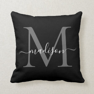 Elegant Monogram Zwart Wit Stijlvol Girly Script Kussen