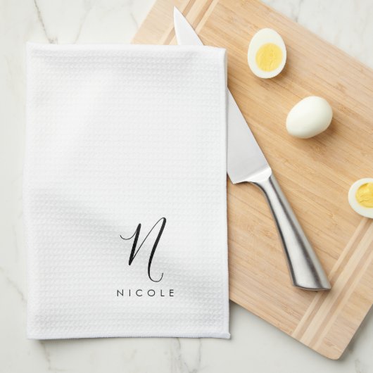 Elegant Monogram Zwart-wit Theedoek (Quarter Fold)