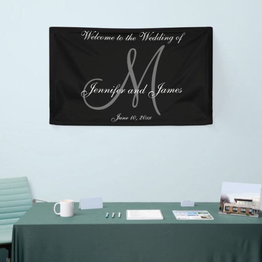 Elegant Monogram Zwart Wit Trouwbanner Spandoek (Beurs)