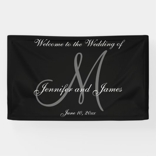 Elegant Monogram Zwart Wit Trouwbanner Spandoek (Horizontaal)