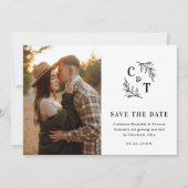 Elegant Monogram Zwart-wit trouwfoto Save The Date (Voorkant)