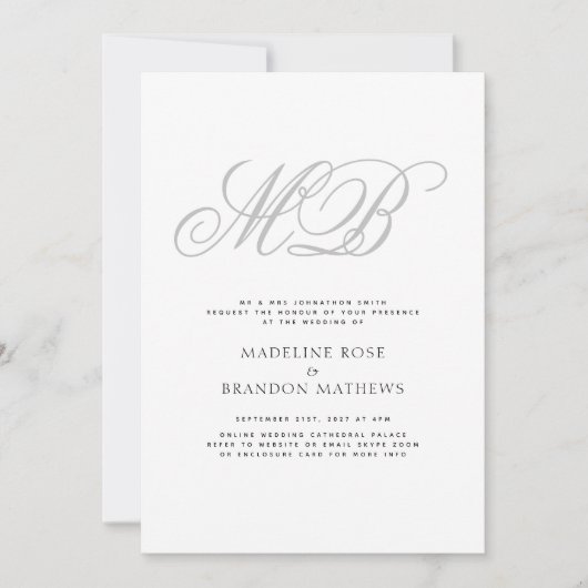 Elegant Monogram Zwart Wit Virtuele Bruiloft Kaart (Voorkant)