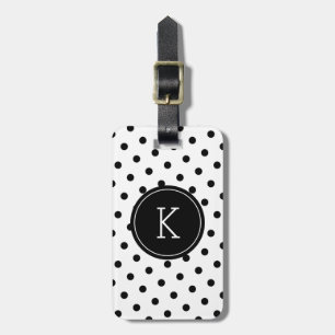 Elegant monogram zwart-witte polkadot bagagelabel
