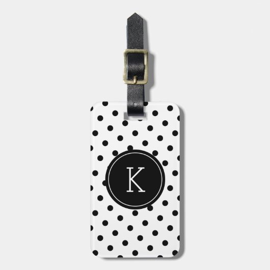 Elegant monogram zwart-witte polkadot bagagelabel (Voorkant verticaal)