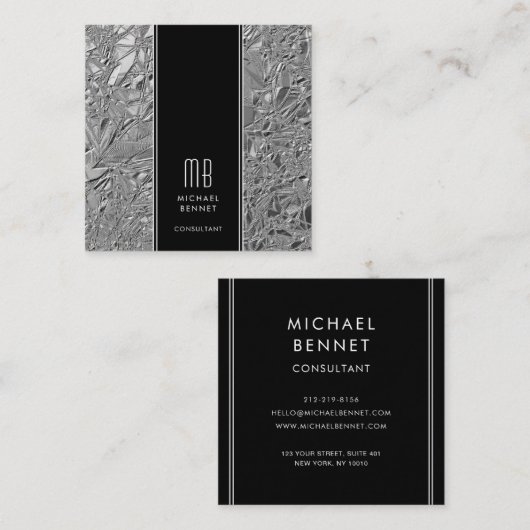 Elegant Monogram Zwart Zilver Vierkante Visitekaartje (Voorkant / Achterkant)