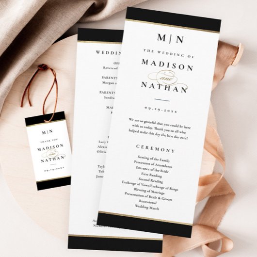 Elegant Monogram Zwarte en Gouden Bruiloft Programmakaart