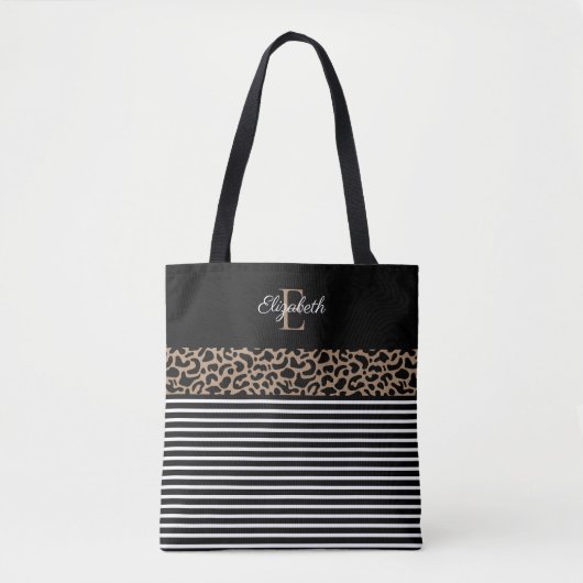 Elegant Monogram zwarte Leopard Animal Print Tote Bag (Voorkant)