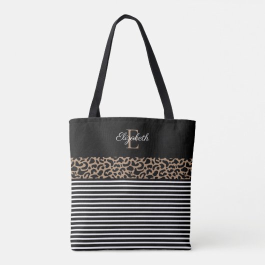 Elegant Monogram zwarte Leopard Animal Print Tote Bag (Achterkant)
