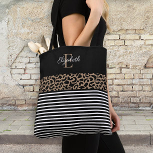 Elegant Monogram zwarte Leopard Animal Print Tote Bag