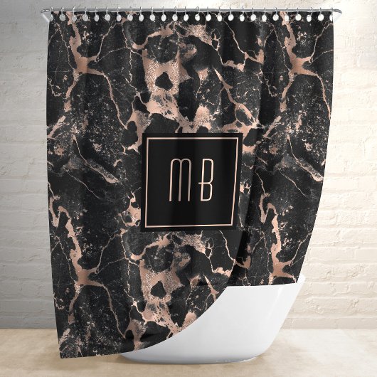 Elegant Monogram Zwarte Marmer Douchegordijn