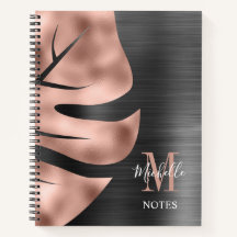 Elegant Monogram Zwarte Roze Gouden Blad 