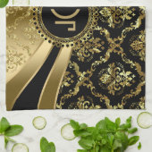 Elegant Monogramed Black & Gold Floral Damascus 2c Theedoek (Gevouwen)