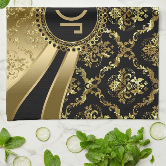 Elegant Monogramed Black & Gold Floral Damascus 2c Theedoek (Gevouwen)