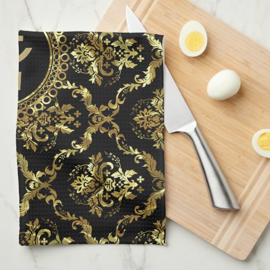 Elegant Monogramed Black & Gold Floral Damascus 2c Theedoek (Quarter Fold)
