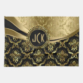 Elegant Monogramed Black & Gold Floral Damascus 2c Theedoek (Horizontaal)