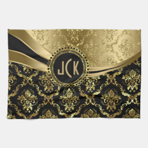 Elegant Monogramed Black & Gold Floral Damascus 2c Theedoek