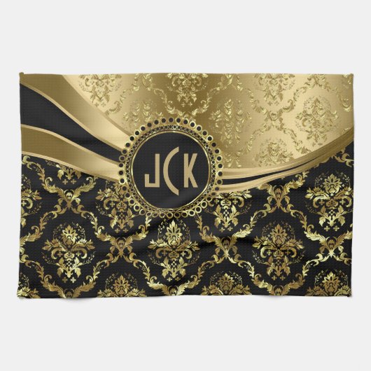 Elegant Monogramed Black & Gold Floral Damascus 2c Theedoek (Horizontaal)