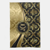 Elegant Monogramed Black & Gold Floral Damascus 2c Theedoek (Verticaal)