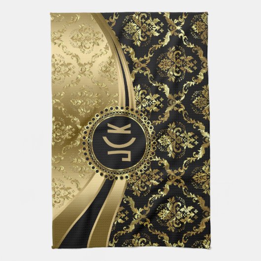Elegant Monogramed Black & Gold Floral Damascus 2c Theedoek (Verticaal)