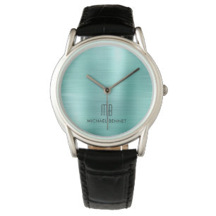 Elegant Monogramed Blauwgroen Groen geborsteld Met Horloge