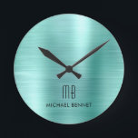 Elegant Monogramed Blauwgroen Groen geborsteld Met Ronde Klok<br><div class="desc">Gepersonaliseerde Elegant Monogrammed Blauwgroen Groene Borhed .</div>