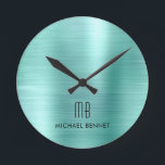 Elegant Monogramed Blauwgroen Groen geborsteld Met Ronde Klok<br><div class="desc">Gepersonaliseerde Elegant Monogrammed Blauwgroen Groene Borhed .</div>