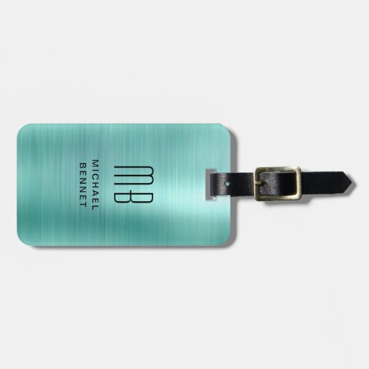 Elegant Monogramed Blauwgroen Groen Gepenseld Meta Bagagelabel (Voorkant horizontaal)