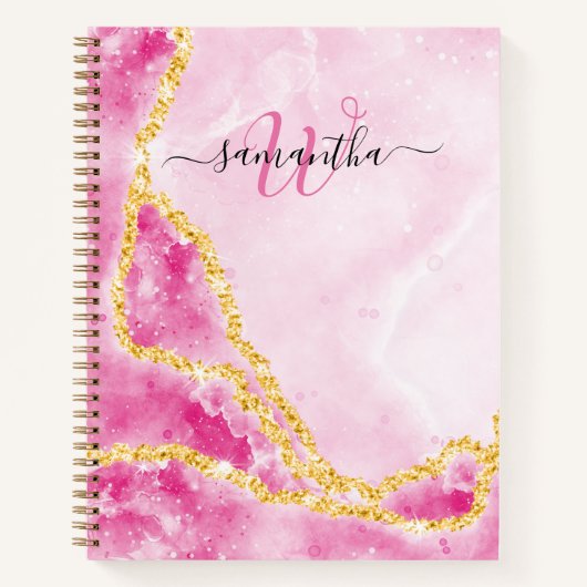 Elegant Monogramed Gold Glittered Waves Glam Pink Notitieboek (Voorkant)