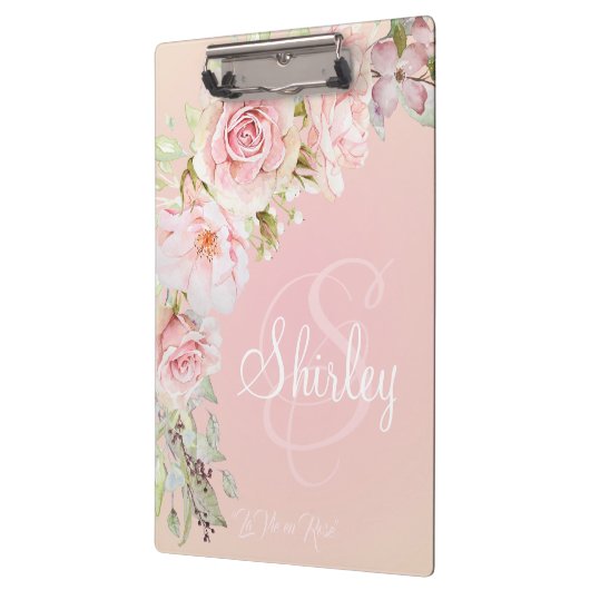 Elegant Monogramed Pink Waterverf Rozen Klembord (Links)