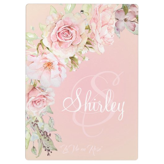Elegant Monogramed Pink Waterverf Rozen Klembord (Achterkant)