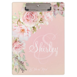 Elegant Monogramed Pink Waterverf Rozen Klembord