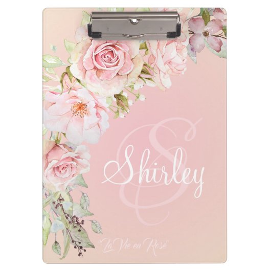 Elegant Monogramed Pink Waterverf Rozen Klembord (Voorkant)
