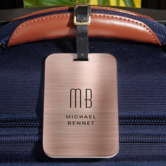 Elegant Monogramed Roos Gold Bored Metallic Bagagelabel (Voorkant Insitu 2)