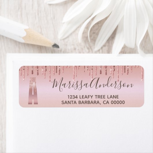 Elegant Monogramed Roos Gold Glitter Girly Etiket (Insitu)