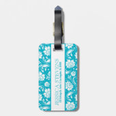 Elegant Monogramed Turquoise & White Floral Damask Bagagelabel (Achterkant verticaal)
