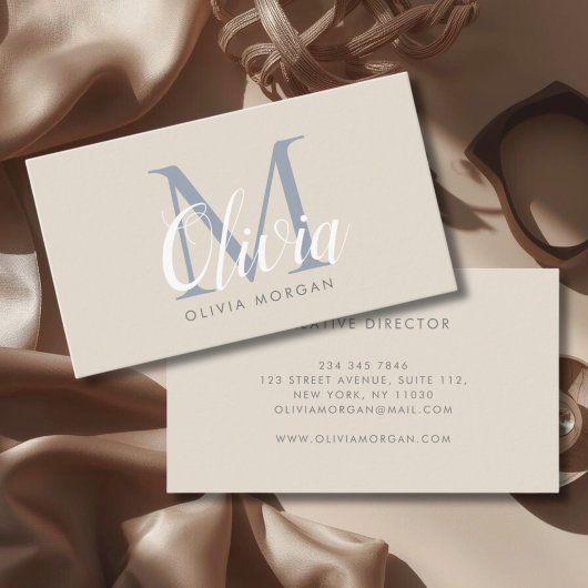 Elegant monogramlogo beige blauw professioneel visitekaartje