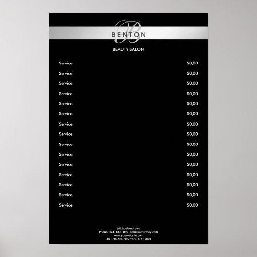 Elegant Monogramm Black Silver Pricelist Poster (Voorkant)
