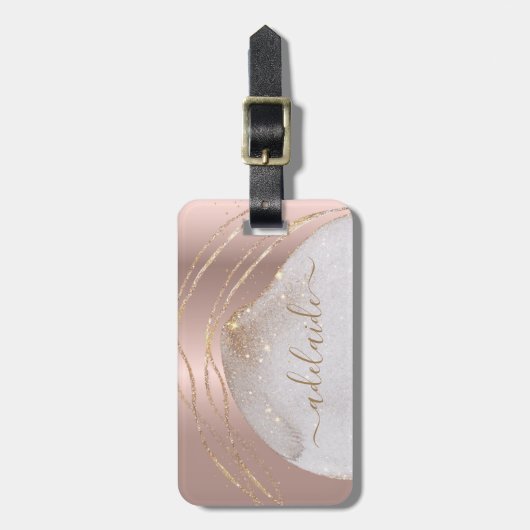 Elegant monogramme Name Roos Gold Glitter Custom Bagagelabel (Voorkant verticaal)